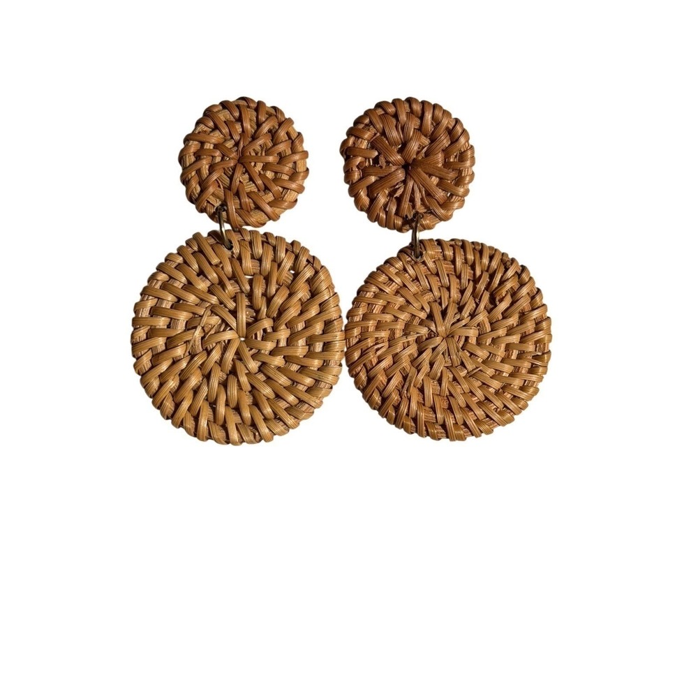 Natural Woven Rattan Double Circle Drop Earrings Boho Straw Geometric Tan Post